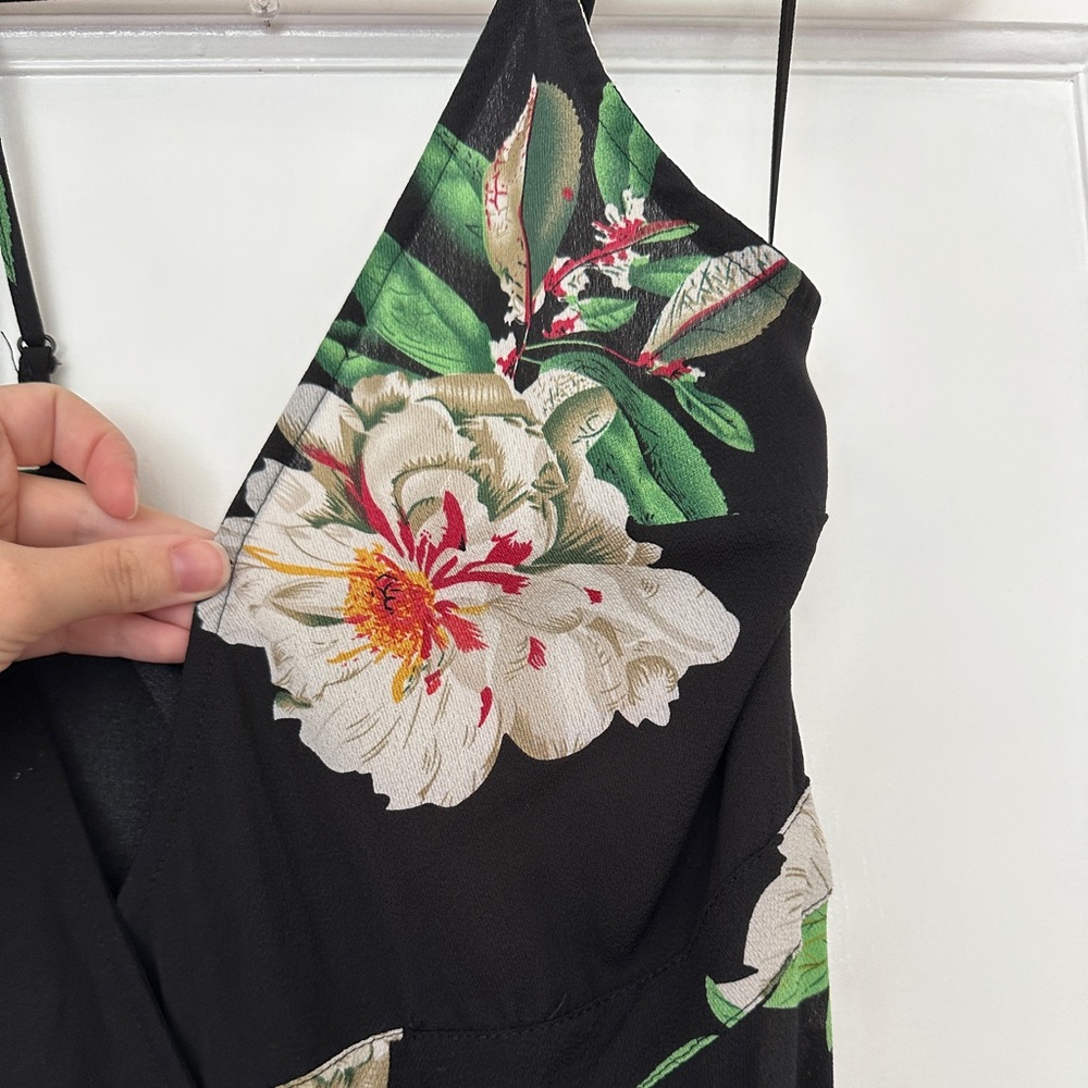 Floral Black Dress with White and Green Accents